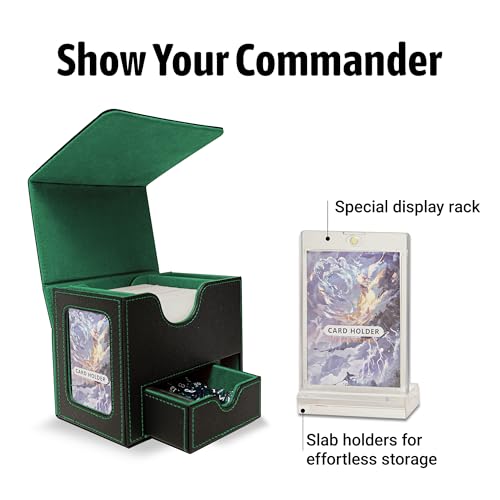MTG Deck Box for Commander with Dice Tray - Card Deck Box Fits 100 Double-Sleeved Cards & 35PT Card Brick with Commander Display & Magnetic Holder for TCG/CCG Games(Black/Green) - color: Black Green
