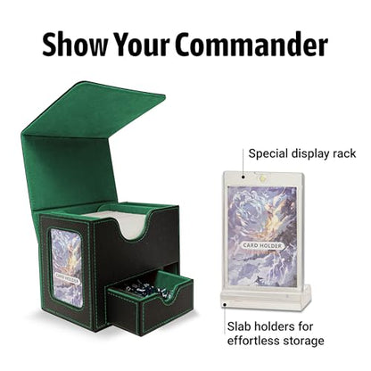 MTG Deck Box for Commander with Dice Tray - Card Deck Box Fits 100 Double-Sleeved Cards & 35PT Card Brick with Commander Display & Magnetic Holder for TCG/CCG Games(Black/Green) - color: Black Green
