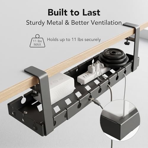 Under Desk Cable Management Tray, 16-29" Adjustable Metal Cord Rack | 【Heavy-Duty 11lbs Capacity】Easy install under desk cord organizer fits power strips & routers. Perfect for home office setups