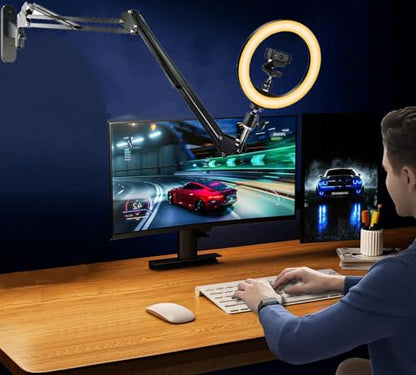 Upgraded Webcam Wall Mount Selfie Light, 10'' Ring Light with Boom Arm Webcam Wall Stand Holder Compatible with Logitech C920/MX Brio 4K/StreamCam/Brio pro X 4K/C930/C922/C925e/C615/Brio 500 webcams