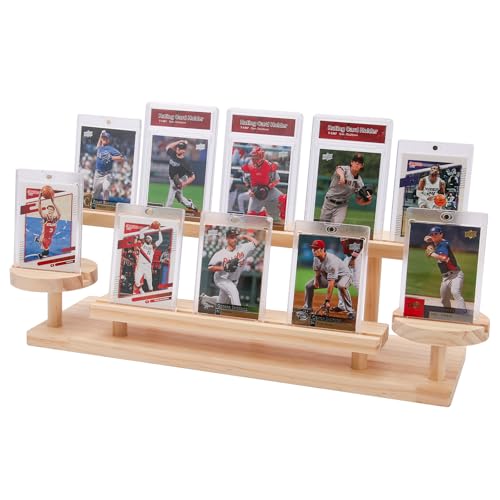 Wooden Trading Card Display Stand, 3-Tier Card Holder for Graded, Sports and TCG Cards, Tabletop Display Holder, Rustic Solid Wood Shelf Stand for Basketball Football Hockey(Wood Grain)