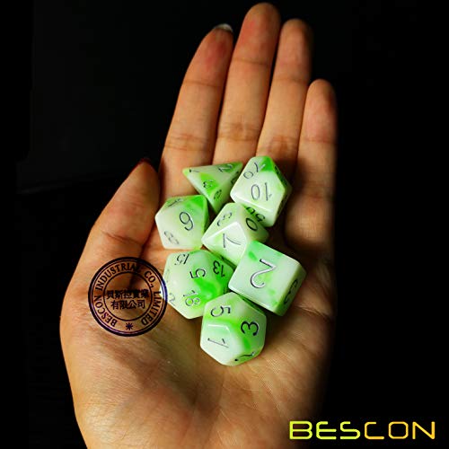 Bescon Glowing Polyhedral RPG Dice Set Luminous Jade, Bescon Glow in Dark Poly Dice Set of 7, DND Role Playing Game Dice - color: Luminous Jade