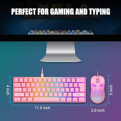RedThunder 60% Gaming Keyboard and Mouse Combo, Ultra-Compact 61 Keys RGB Backlit Mini Keyboard, Lightweight 7200 DPI Honeycomb Optical Mouse, RGB Wired Gaming Set for PC MAC PS5 Xbox Gamer(Pink) - style: 01 Pink Wired Combo