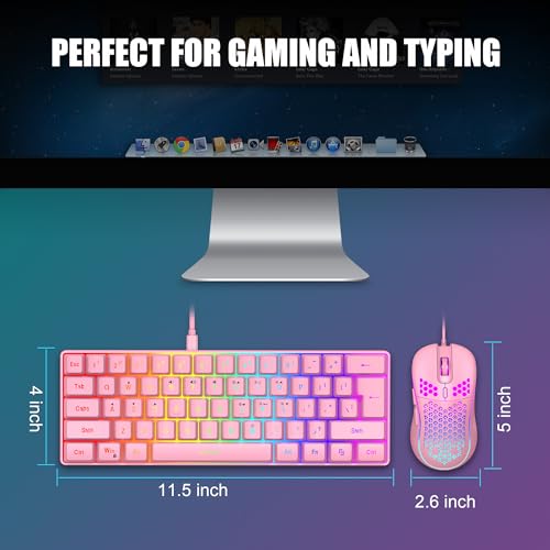 RedThunder 60% Gaming Keyboard and Mouse Combo, Ultra-Compact 61 Keys RGB Backlit Mini Keyboard, Lightweight 7200 DPI Honeycomb Optical Mouse, RGB Wired Gaming Set for PC MAC PS5 Xbox Gamer(Pink) - style: 01 Pink Wired Combo
