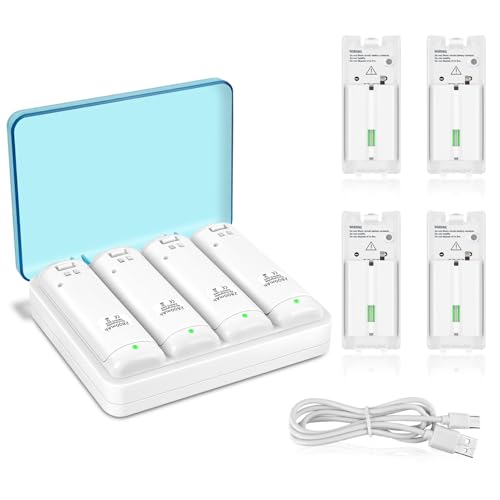 Wii Remote Battery Charger,4 in 1 Charging Station with 4 Pack 2800mAh Rechargeable Battery,USB Cable for Wii/Wii U Remote Controller (White) - color: White