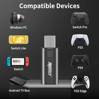 Ralan Bluetooth Controller Wireless Adapter for PS4/PS5/PS5 Edge, Compatible with Switch/Switch Lite/Windows PC/Android TV Box/Steam (Include Type-c OTG Connector)