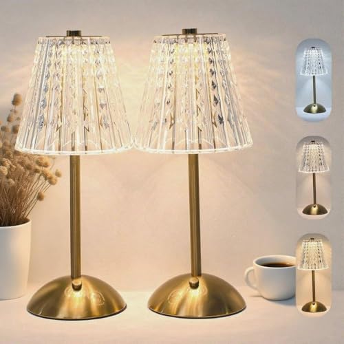 2 Pcs Cordless Rechargeable Table Lamp, Touch Dimming, 3 Color Modes | 5000mAh Battery Power, Stepless Dimmable, Crystal Table lamp for Bedroom/Bar/Kitchen/Outdoor/Desk, Home Décor Gift - color: ‎Fashion Gold, size: 10.12Inch-2Pc