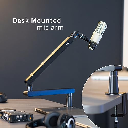 VIVO Low Profile Broadcast/Podcast Microphone Boom Arm Stand with 3/8 and 5/8 inch Screw Adapter, Heavy Duty Desk Mount, Professional Mic Stand with 360 Rotation, Black, STAND-MIC03L