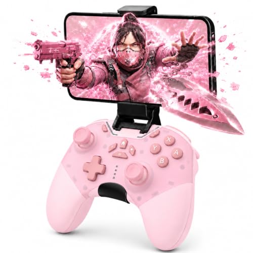 aghi Hall Effect Wireless Gaming Controller with Phone Clip | for iPhone/Android/PC/Steam/TV/Switch/Switch 2 with Hall Joysticks, Lock Speed, Macro, 6-Axis Gyro, Vibration, Turbo, Pink - color: Light Pink