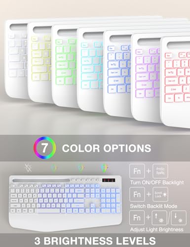Wireless Keyboard and Mouse Combo - 9 Backlit Effects, RGB, 2.4Ghz | Ergonomic Wrist Rest, Phone Holder, Rechargeable, Full Size, KM22 MAX Silent Set for Computer, Laptop, Mac, Windows (White) - color: Cloudy White