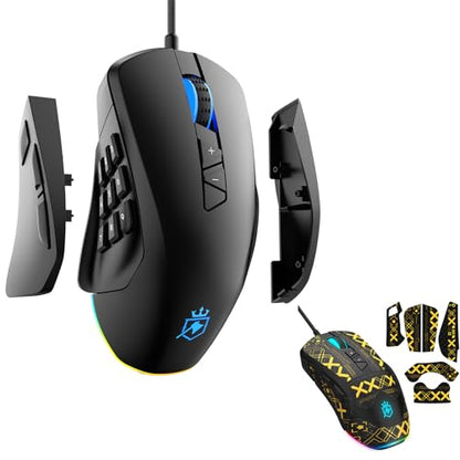 Wired Gaming Mouse with Side Plates, MMO Mouse with 14 Programmable Buttons, Ergonomic Gaming Mouse with 2 Grip Plates, Computer Mouse with Max 12,400 DPI, RGB Lighting, Grip Tape Included