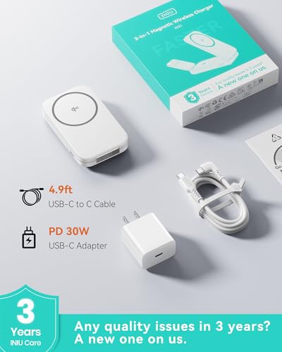 INIU Foldable Magnetic Wireless Charger, Qi2 Certified 3-in-1 Travel Charging Station with 15W Fast Charge - Compatible with Mag-Safe for iPhone 17/16/15 Series, Apple Watch, AirPods (White) - color: White