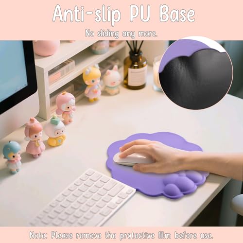 Mouse Pad Wrist Support, Cloud Mousepad with Memory Foam Wrist Rest, Non-Slip PU Base Gaming Leather Surface Mouse Pad for Home Office Laptop, Purple - color: Purple