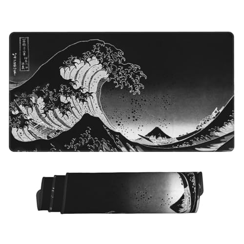 MTG Playmat Black Gray Great Wave TCG Play Mat Original Hand-Painted Design Stitched Edges Smooth Cloth Surface Non-Slip Rubber Base for Trading Card Games Board Games 23.5x13.8in