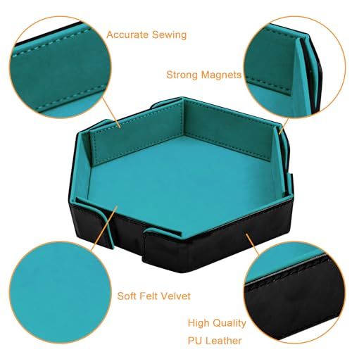 SIQUK Magnetic Folding Dice Tray Hexagon Dice Rolling Tray PU Leather Dice Trays Foldable Dice Holder Dice Rolling Mat Storage Box for D&D RPG Dice Games, Cyan - color: Cyan