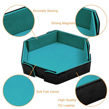 SIQUK Magnetic Folding Dice Tray Hexagon Dice Rolling Tray PU Leather Dice Trays Foldable Dice Holder Dice Rolling Mat Storage Box for D&D RPG Dice Games, Cyan - color: Cyan