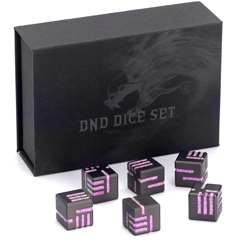 D6 Dice Set of 6 Pcs, 16mm Cool Fancy 6 Sided Dice, Metal D6 for DND, RPG, Dungeons and Dragons (Matte Black & Glitter Purple) - color: D6 Glitter Purple