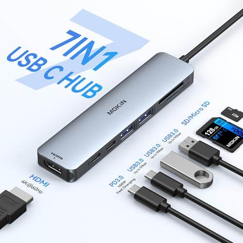 USB C Hub HDMI Adapter for MacBook Pro/Air, MOKiN 7 in 1 USB C Dongle with HDMI, SD/TF Card Reader, USB C Data Port,100W PD, and 2 USB 3.0 Compatible for MacBook Pro/Air, Dell XPS, Lenovo Thinkpad. - color: Space Gray