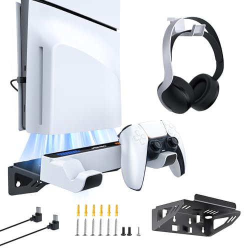 NexiGo PS5 (All Versions) Wall Mount Kit with Charging Station for PS5/PS5 Slim/PS5 Pro Consoles, Regular and DualSense_Edge Controllers, Stable Metal Wall Hanging Stand with LED Indicator - style: All PS5 Versions