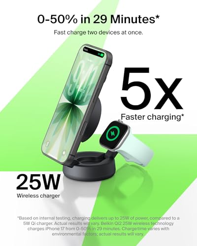Belkin Qi2.2 25W Wireless 2 in 1 iPhone Charger, Fast Charging for Travel | Fast Charging, MagSafe Compatible, iPhone 17/16/15, Apple Watch, Travel Charger, Magnetic - color: Black, style: 2 in 1