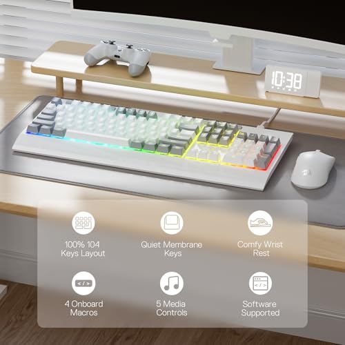 Redragon K525 RGB Backlit 104 Keys Wired Membrane Gaming Keyboard w/ 5 Multimedia Keys & 4 Extra On-Board Macro Keys, Dedicated Media Control, Ergonomic Wrist Rest, Linear Mechanical-Feel Switch - color: White, size: 104 Keys Lite