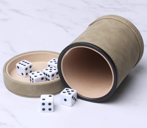 Brown Suede Faux Leather Dice Cup with Lid, Soft Felt Interior Quiet Dice Shaker Cup with 6 Dice for Liars Dice/Farkle/Yahtzee Games, 1 Pack - color: Suede Brown