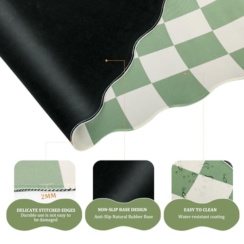 L-SPOUTTO Green Checkered Mouse Pad Set,Scalloped XXL Desk Mat + Ergonomic Mouse Wrist Rest + Gel Keyboard Wrist Rest for Keyboard 65%/75%,3in1 Large Desk Pad for Desktop Home Office Computer Game - color: Green Checkered