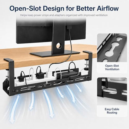 Under Desk Cable Management Tray, 15.75" No Drill Clamp-On Metal Cable Tray for Power Strip, Compact Under Desk Cord Organizer and Wire Management Holder for Office, Gaming Desk, Standing Desk
