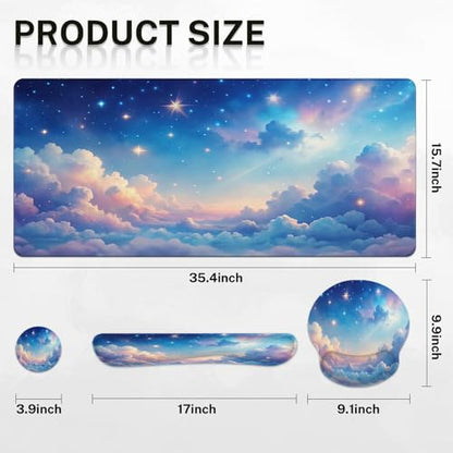 Arttown Keyboard Mouse Pad Set, 4 in 1 Desk Mat Set Starry Sky | Cloud Night Colorful Large Mousepad+Keyboard Wrist Rest+Mouse Wrist Rest+Coaster Ergonomic Design for Home Office Computer - color: Starry Sky