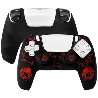 PS5 Controller Silicone Cover with Laser-Engraved Dragon Design - Non-Slip Grip Skin + 2 Dragon Thumbstick Caps | Stylish Protective Case for PlayStation 5 Controller - color: Lightning Dragon Red