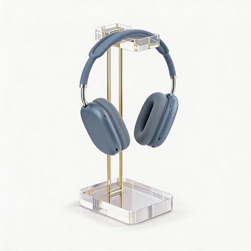 Acrylic Headphone Stand for Desk, Crystal Clear Headset Holder with Gold Metal Accent, Stable Non-Slip Base, Universal Gaming Headphone Hanger for PC Setup, Office & Home Desk Accessories - color: Gold