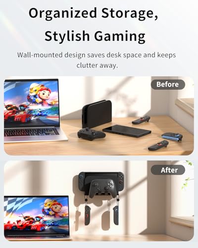 Metal Wall Mount for Nintend0 Switch 2 / OLED / Switch Console, All-in-One Metal Bracket with Pro Controller Holder, Universal Storage Rack for Dock, JoyCons & Pro Controller, Space-Saving Design