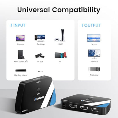 NEWCARE 8K HDMI Switch 3 in 1 Out, HDMI 2.1 Switch with Remote, HDMI Splitter 4K@120Hz Support 8K@60Hz HDCP2.3 HDR10+ VRR ALLM Dolby, HDMI Switcher Compatible with TV PS5/4 Xbox Laptops PC Projector