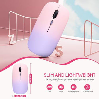 Wireless Bluetooth Mouse,LED Dual Mode Rechargeable Silent Slim Laptop Mouse,Portable(BT5.2+USB Receiver) Dual Mode Computer Mice,for Laptop,Desktop Computer,ipad Tablet,Phone,TV (Pinkish purple) - color: Gradient Pinkish purple