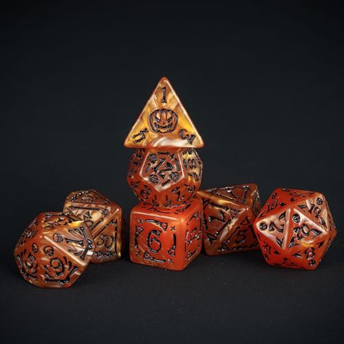 7-Die DND Dice Set Scary Pattern Polyhedral Dice Set with Leather Bag, Skull Dice D&D Dice Set for RPG Table Games.(Scary Pattern-Orange/Black Number) - color: Halloween Pattern-orange/Black Number