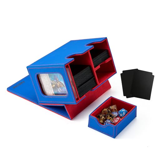 Venssu MTG Deck Box for Commander Display with Dice Tray (Blue＆Red) | Holds 200 Single/160 Double-Sleeved Cards, Fit MTG/PTCG/OPTCG Cards, Strong Magnet, With 2 Dividers & 1 Magnetic Card Holder - color: Blue＆Red