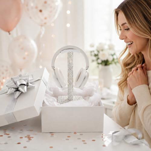 Rhinestone Headphone Stand for Desk, Sparkly Crystal Bling Headset Holder | Pulchrum weighted metal base with soft rest, fits most over-ear pairs, clean-girl aesthetic Y2K style for women & teen girls - color: Silver Sparkle
