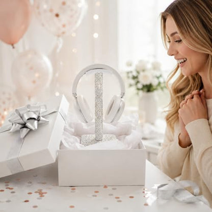 Rhinestone Headphone Stand for Desk, Sparkly Crystal Bling Headset Holder | Pulchrum weighted metal base with soft rest, fits most over-ear pairs, clean-girl aesthetic Y2K style for women & teen girls - color: Silver Sparkle