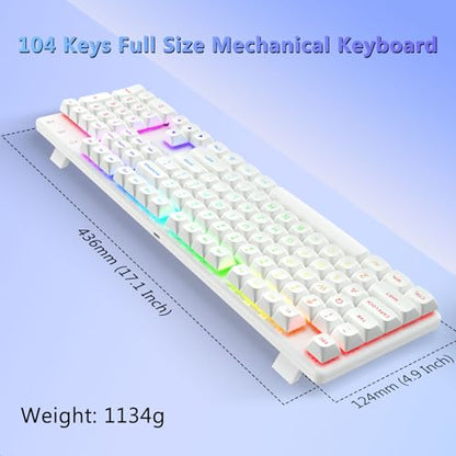 Redragon K710 Wireless Mechanical Gaming Keyboard, Bluetooth/2.4G/Wired Tri-Mode, RGB Backlit, Clicky Blue Switch, Rechargeable Battery, Solid Metal Panel, PBT Keycaps for PC/Mac, White