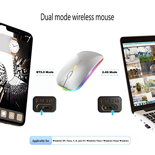 WREANU Wireless Bluetooth Mouse Rechargeable Laptop Mice with LED Lights Silent Slim Use(BT5.2 and 2.4G Portable USB Receiver)Dual Mode Computer Mouse for Laptop/iPad/Tablet/Apple/Computer/Mac(Silver) - color: Silver Wireless Bluetooth Mouse