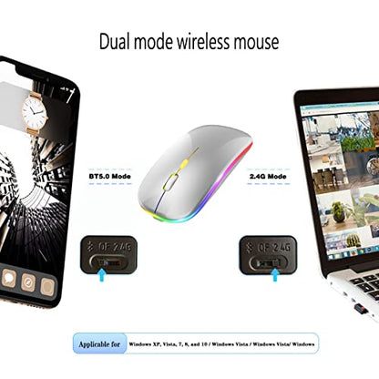 WREANU Wireless Bluetooth Mouse Rechargeable Laptop Mice with LED Lights Silent Slim Use(BT5.2 and 2.4G Portable USB Receiver)Dual Mode Computer Mouse for Laptop/iPad/Tablet/Apple/Computer/Mac(Silver) - color: Silver Wireless Bluetooth Mouse