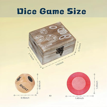 Left Right Roll Dice Game Set - 3 Wood Dice & 72 Plastic Chips | Wooden Box, Portable Travel Party Game, For Family, Friends, Adults - Rustic Brown - color: Rustic Brown
