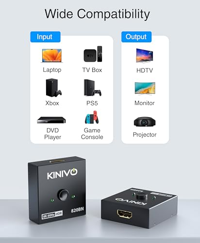 Kinivo 8K HDMI Switch 2 in 1 Out - (Uni-Directional, 8K 60Hz, Ultra HD Switcher Hub, 48Gbps HDMI Hub, HDR10+ Selector, Manual Switching Only) - Compatible with HDTV, PS5/4, Xbox, Projector - size: 8K - 2 Port