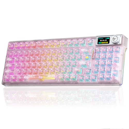 AULA F98 Pro V3 Wireless Mechanical Keyboard with Screen & Knob,Hot Swappable Pink Gaming Keyboard,Clear Keycap RGB Backlit Gasket Mount Creamy Keyboards with Number Pad for Office PC,10000mAh Battery - color: Pink