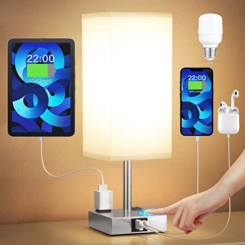 【Upgraded】Bedside Table Lamp Touch Control, with USB C+A Charging Ports & Dual AC Outlets, 3-Way Nightstand Lamp for Bedroom with LampShade Living Room Office(LED Dimmable Bulb Included) - color: Gray & Silver, size: 14.0in