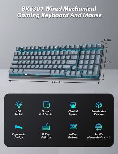 Mechanical Gaming Keyboard and Mouse, LED Backlit 98-Key Floating Keycap & 4 DPI RGB Gaming Mouse with Mouse Pad, Full Anti-Ghost Light Up Wired Computer Keyboards for MAC PC Gamer Accessories, Gray - color: Gray