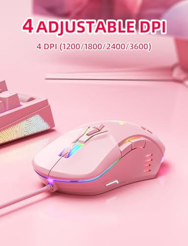 Wired PC Gaming Mouse: High Precision Sensor,RGB Backlit, Adjustable DPI, 7 Buttons Programmable,Ergonomic mice for Office & Gaming on Windows/Mac/Linux/Chrome- Pink - color: Pink