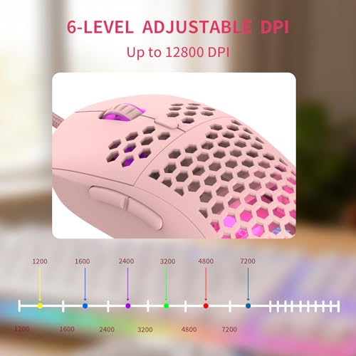 MR.FOX M1 Ultralight Honeycomb Gaming Mouse Wired, 75g Lightweight, 12,800 DPI Optical Sensor, RGB Lighting with Music Sync, 6 Programmable Buttons, Braided Cable, Gaming Mouse for PC/Mac, Pink - color: Pink