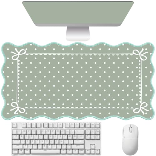 Sage Green Scalloped Desk Mat Polka Dot Mouse Pad Cottagecore Aesthetic Desk Pad Mat Dots Large Gaming Mousepad Bow Computer Keyboard Mouse Mat Cute Cozy Kawaii Desk Decor Women Office 31.5"x15.7" - color: Green Dots