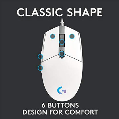 Logitech G G102 Light Sync Gaming Mouse, 8000 DPI, 6 Programmable Buttons, RGB, White - color: White